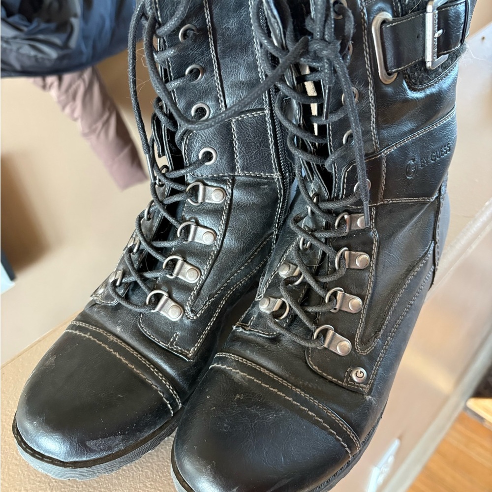 G by Guess Black Lace-Up Combat Boots with Buckle Accent